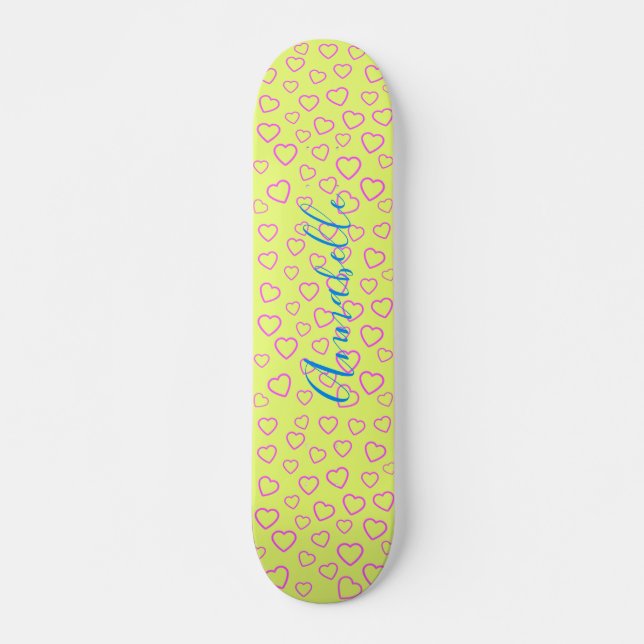Skateboard Motif de coeur rose sur Arrière - plan jaune (Devant)