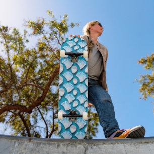 Skateboard Motif de coquillages bleu et blanc