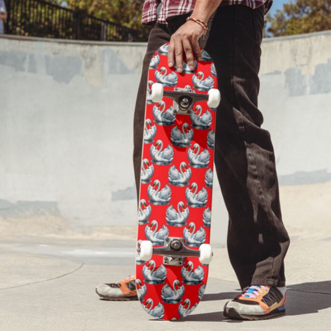 Skateboard Motif de cygnes sur fond rouge (Créateur téléchargé)