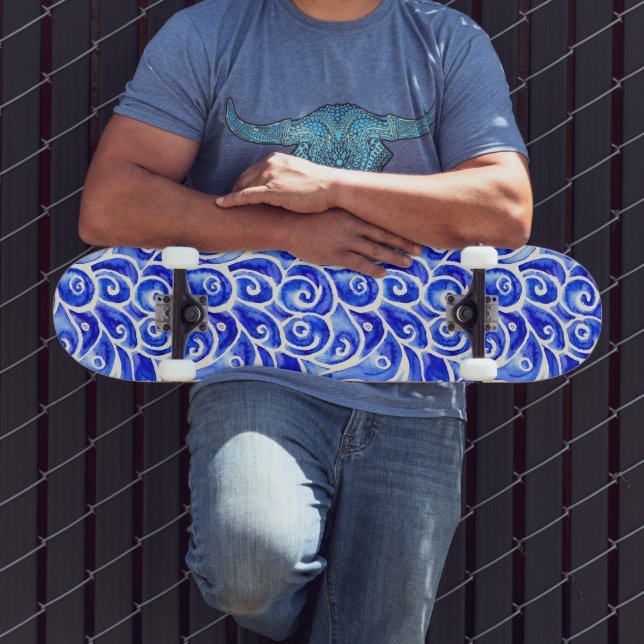 Skateboard Motif de design Abstrait bleu et blanc (Extérieur 3)
