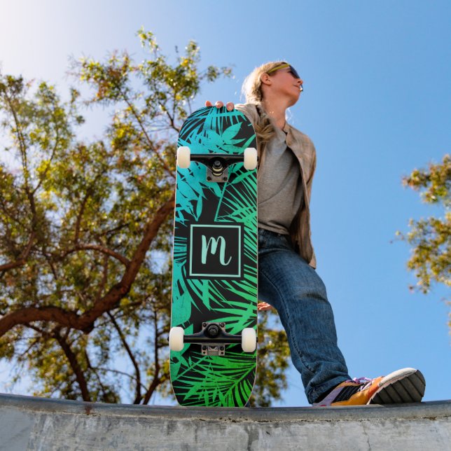 Skateboard Motif de feuille ombré turquoise vert monogramme c (Extérieur 1)