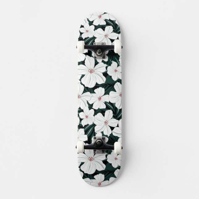 Skateboard Motif de fleurs tropical blanc (Recto)