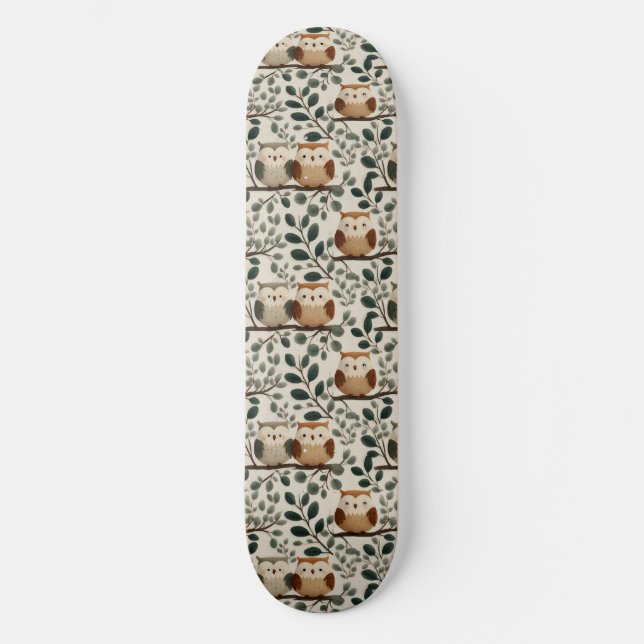 Skateboard Motif de hibou et de feuille de forêt (Recto)