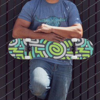 Skateboard Motif de labyrinthe ondulé néon vert et cyan