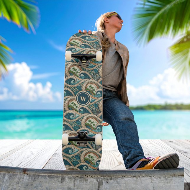 Skateboard Motif de palmiers à vagues tropicales polynésienne (Créateur téléchargé)