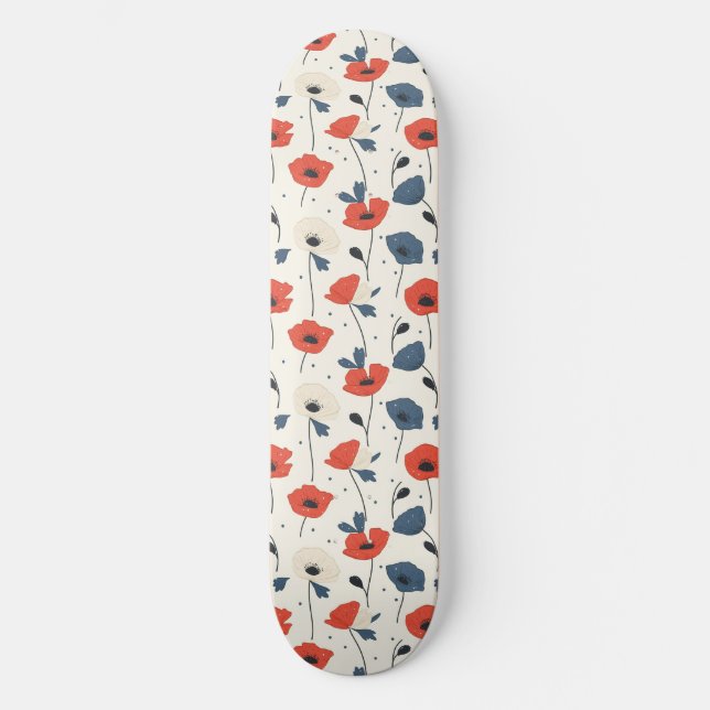 Skateboard Motif de Poppies d'aquarelle - Rouge, Bleu et Blan (Recto)