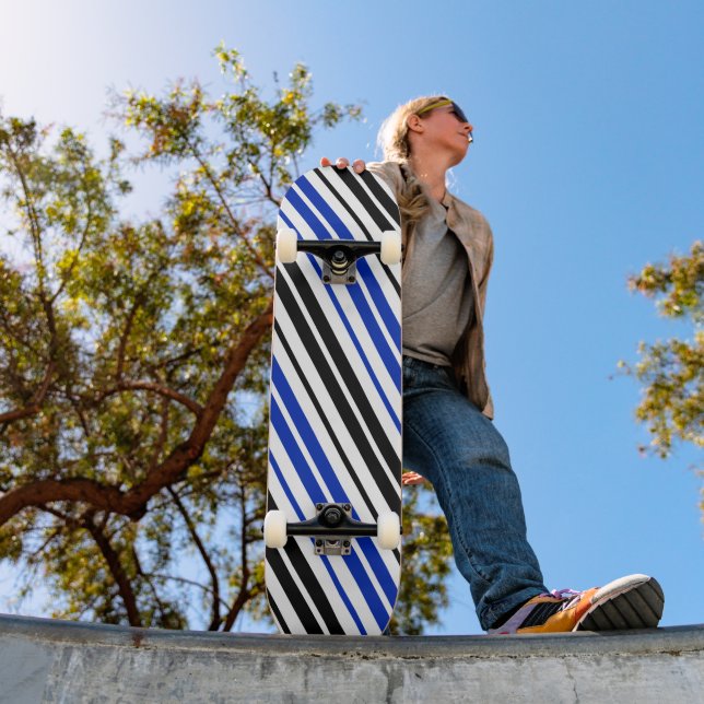 Skateboard Motif de rayures blanches noires bleues  (Extérieur 1)