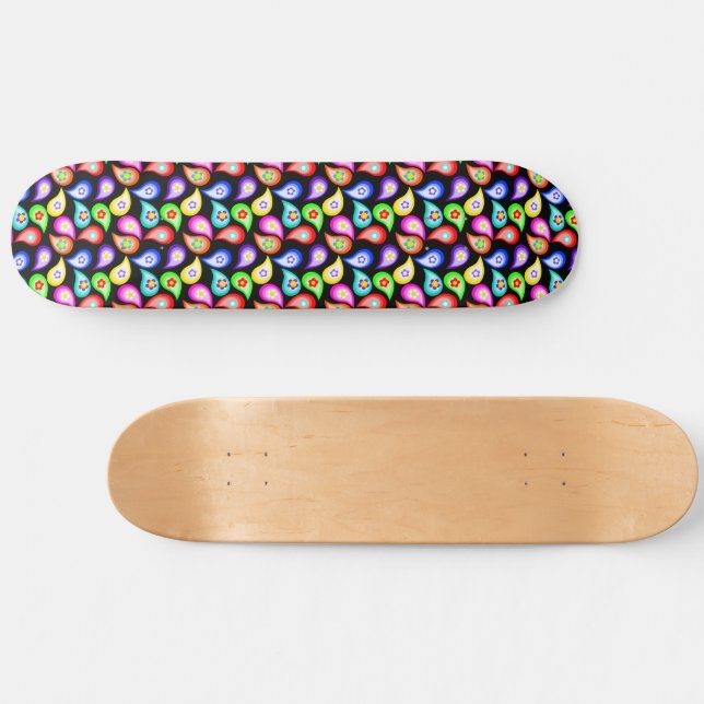 Skateboard Motif de style hippie Flower Paisley en noir (Horz)