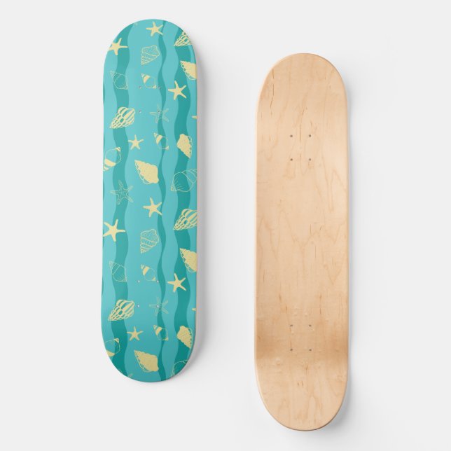 Skateboard Motif de vagues côtières et de coquillages (Recto)