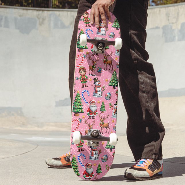 Skateboard Motif décoratif de Noël sur fond rose (Créateur téléchargé)