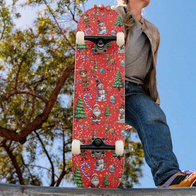 Skateboard Motif décoratif de Noël sur fond rouge (Créateur téléchargé)