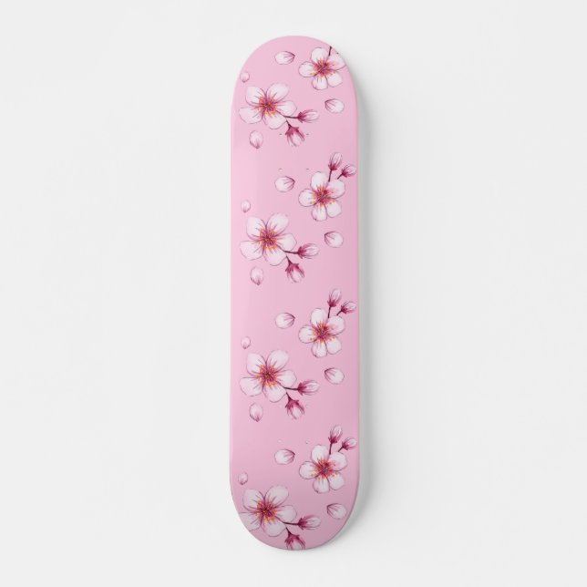 Skateboard Motif en fleurs de cerisier rose (Devant)