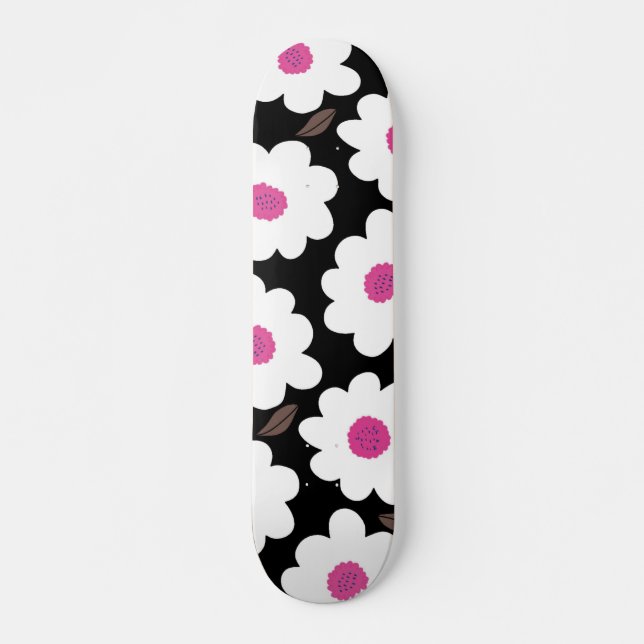 Skateboard Motif Fleur rétro en blanc sur noir (Devant)