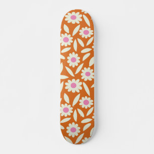 Skateboard Motif Fleurs Daises Rétro Groovy sur fond orange  