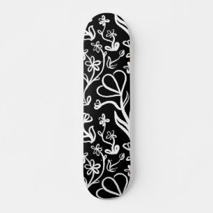 Skateboard Motif floral en blanc sur noir
