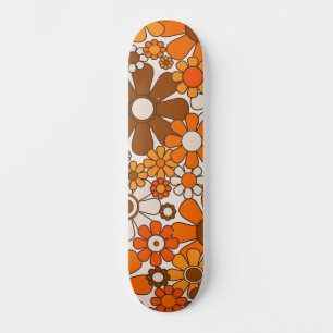 Skateboard Motif floral orange et marron Groovy Rétro 70