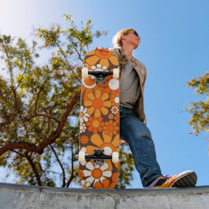 Skateboard Motif floral rétro groovy des années 70 orange et