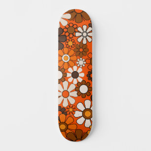 Skateboard Motif floral rétro groovy des années 70 orange et