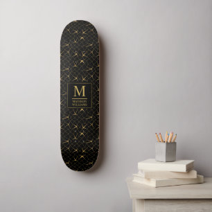 Skateboard Motif géométrique de luxe pailleté noir et or
