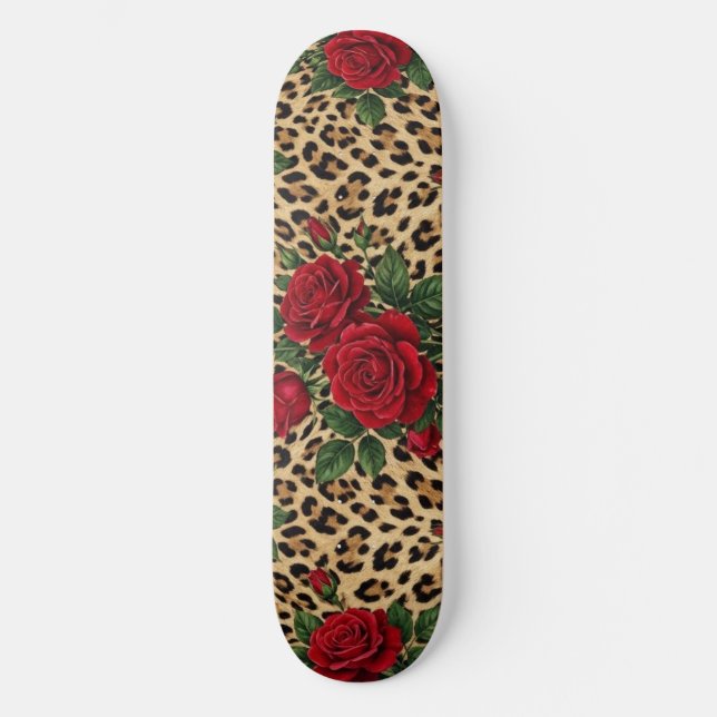 Skateboard Motif imprimé léopard Roses Rouges  (Recto)