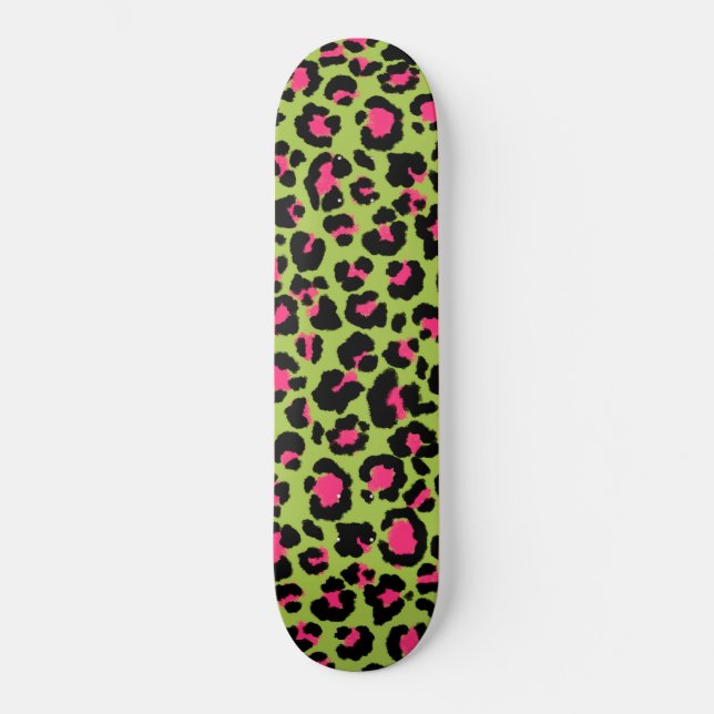 Skateboard Motif léopard en framboise sur Lime Green (Recto)