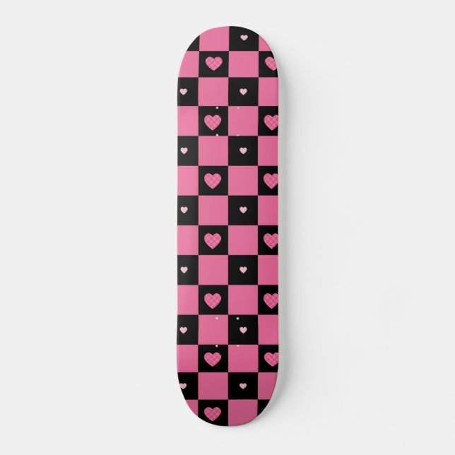 Skateboard Motif moderne Pink and Black Checker Coeurs filles (Recto)