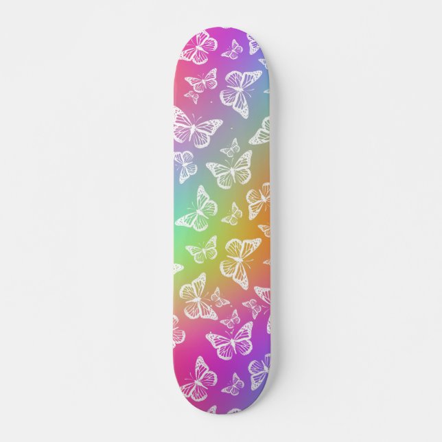 Skateboard Motif Motif arc-en-ciel et papillon blanc (Devant)