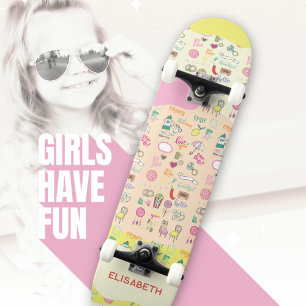 Skateboard Motif Pastel Doodle Filles Mignonnes Rose