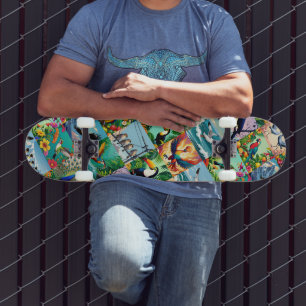 Skateboard Motif patchwork d'oiseaux