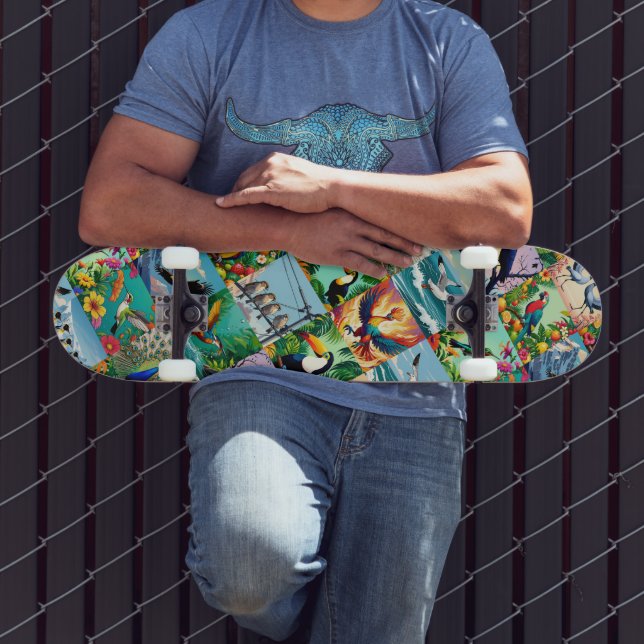 Skateboard Motif patchwork d'oiseaux  (Extérieur 3)