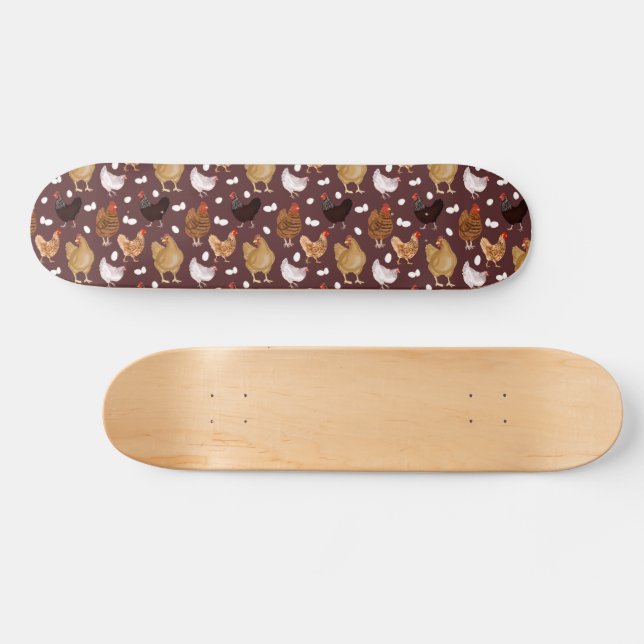 Skateboard Motif Poulet Brun et Œufs (Horz)