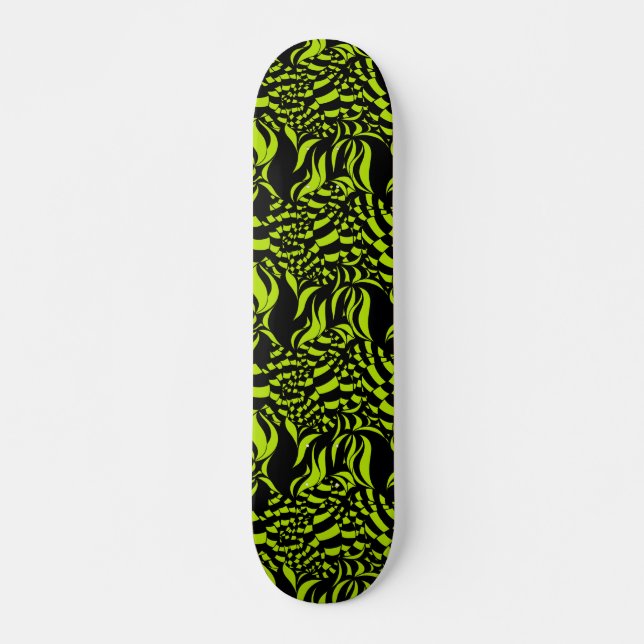 Skateboard Motif psychédélique vert citron et noir (Devant)