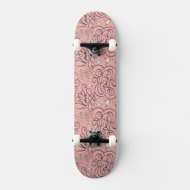 Skateboard Motif romantique avec des coeurs et des oiseaux (Recto)