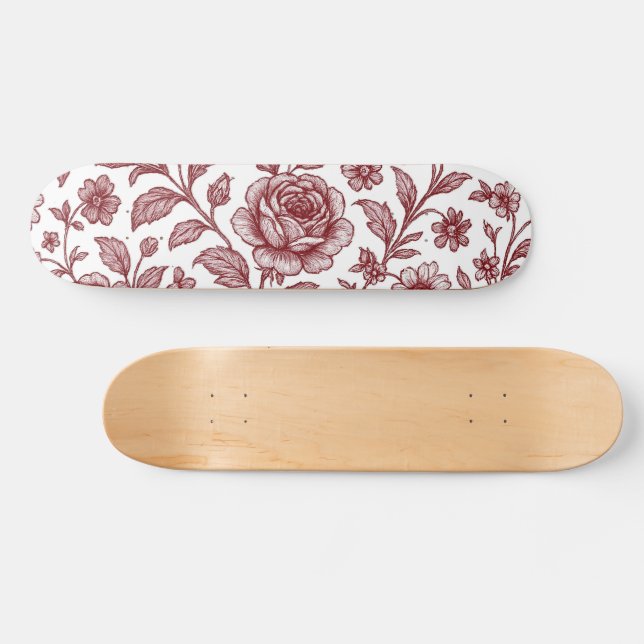 Skateboard Motif Rose Vintage rouge foncé (Horz)