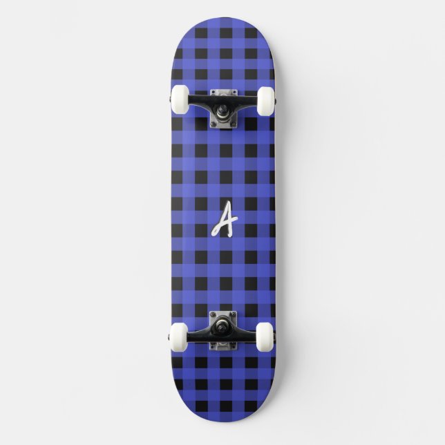 Skateboard Motif rustique à carreaux de buffle bleu monogramm (Recto)