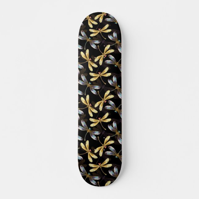 Skateboard Motif sans couture avec libellules d'or (Devant)