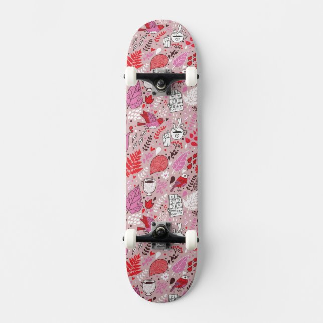 Skateboard Motif savoureux avec des oiseaux et des fleurs (Recto)