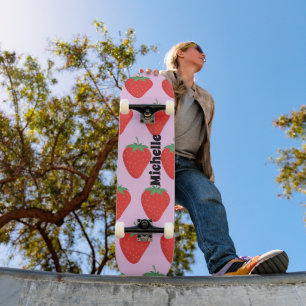 Skateboard Motif tendance rose et fraise rouge Personnalisé