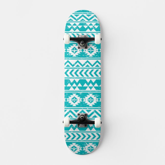 Skateboard Motif tribal aztèque grunge turquoise (Recto)