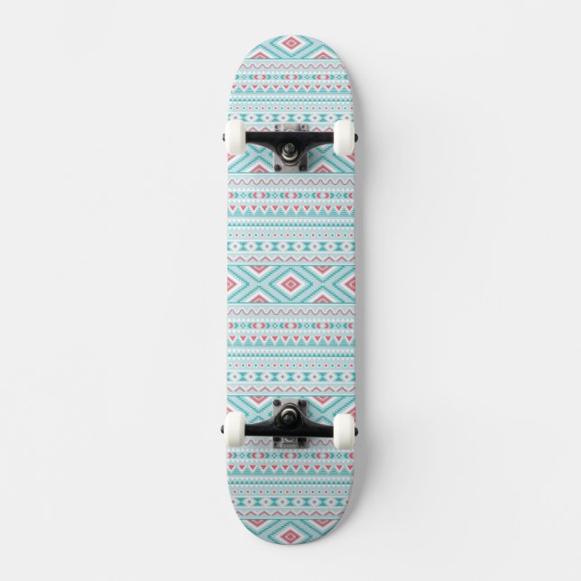 Skateboard Motif tribal aztèque turquoise et rose (Recto)