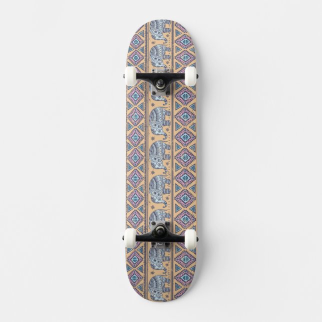 Skateboard Motif tribal d'éléphant ethnique bleu (Recto)