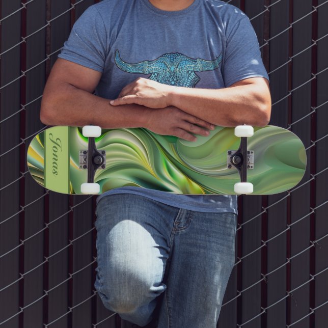 Skateboard motifs de vagues verts abstraits (Extérieur 3)