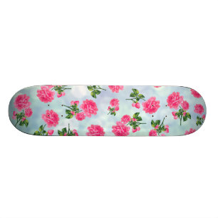 Skateboard Motifs floraux : fleurs roses sur le bokeh bleu