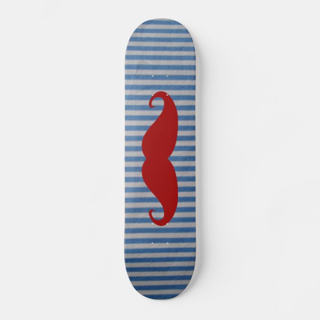 Skateboard Moustache rouge drôle et rayures blanches bleues (Recto)