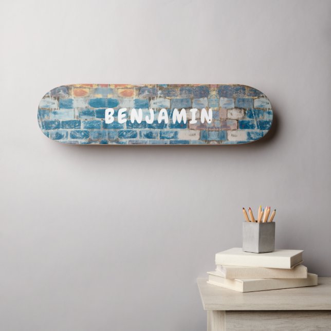 Skateboard Mur peint en brique bleue, rouille et blanc - Mono (Art mural (Horz))