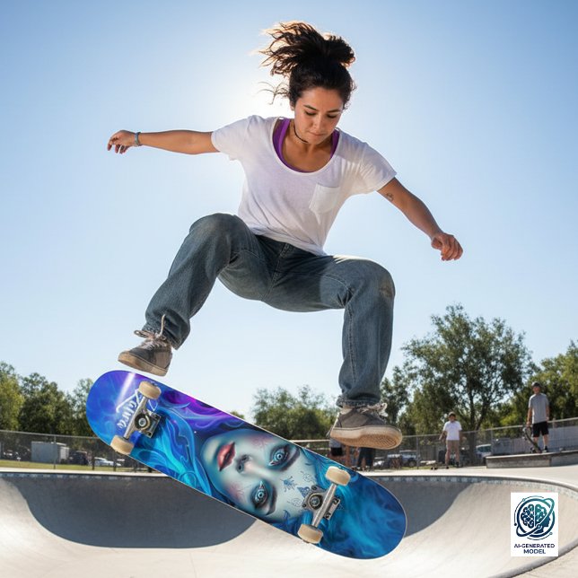 Skateboard Mystérieuse femme émergeant de flammes bleues et v (Mystery Woman Emerging from Blue and Purple Flames Skateboard Cover Photo)