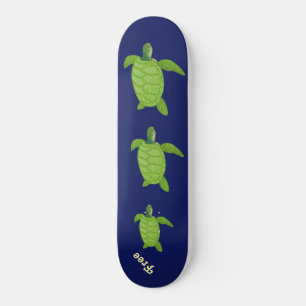 Skateboard Natation tortues de mer et calligraphie sur bleu
