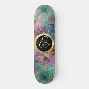 Skateboard Nebula couleur or Mandala Aquarelle colorée