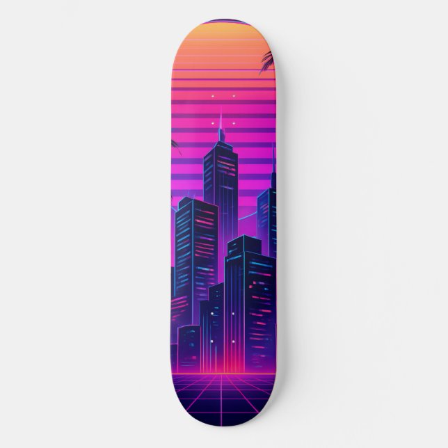 Skateboard Neon Sunset Cityscape rétro-futuriste (Recto)