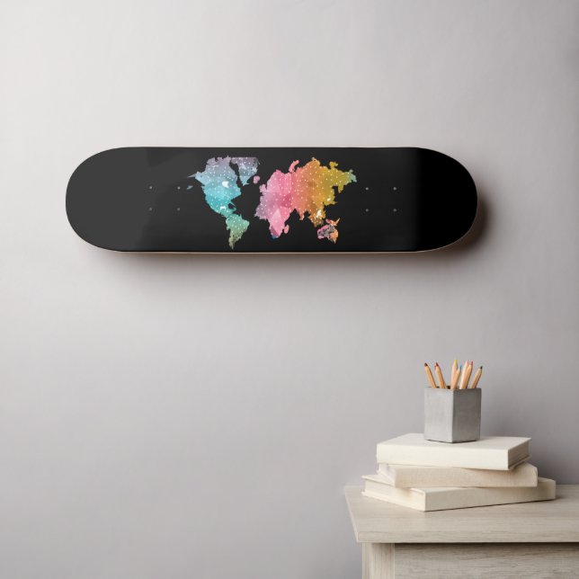 Skateboard noir avec Rainbow World Map - Voyage (Art mural (Horz))
